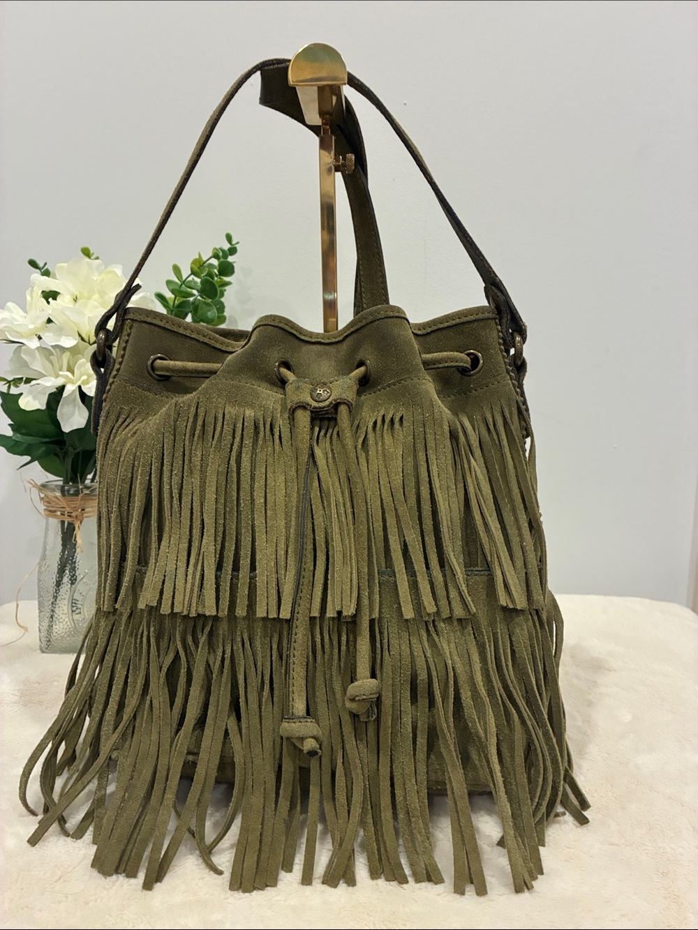 Patricia Nash Olive Green Italian Suede Leather Fringe Hobo Boho Western Bag